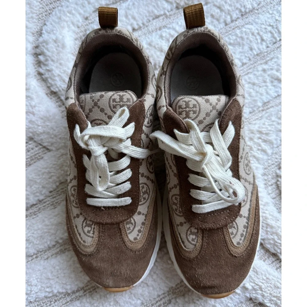 Tory Burch Good Luck Trainer Brown Tan Monogram Suede Sneakers 7M 87331